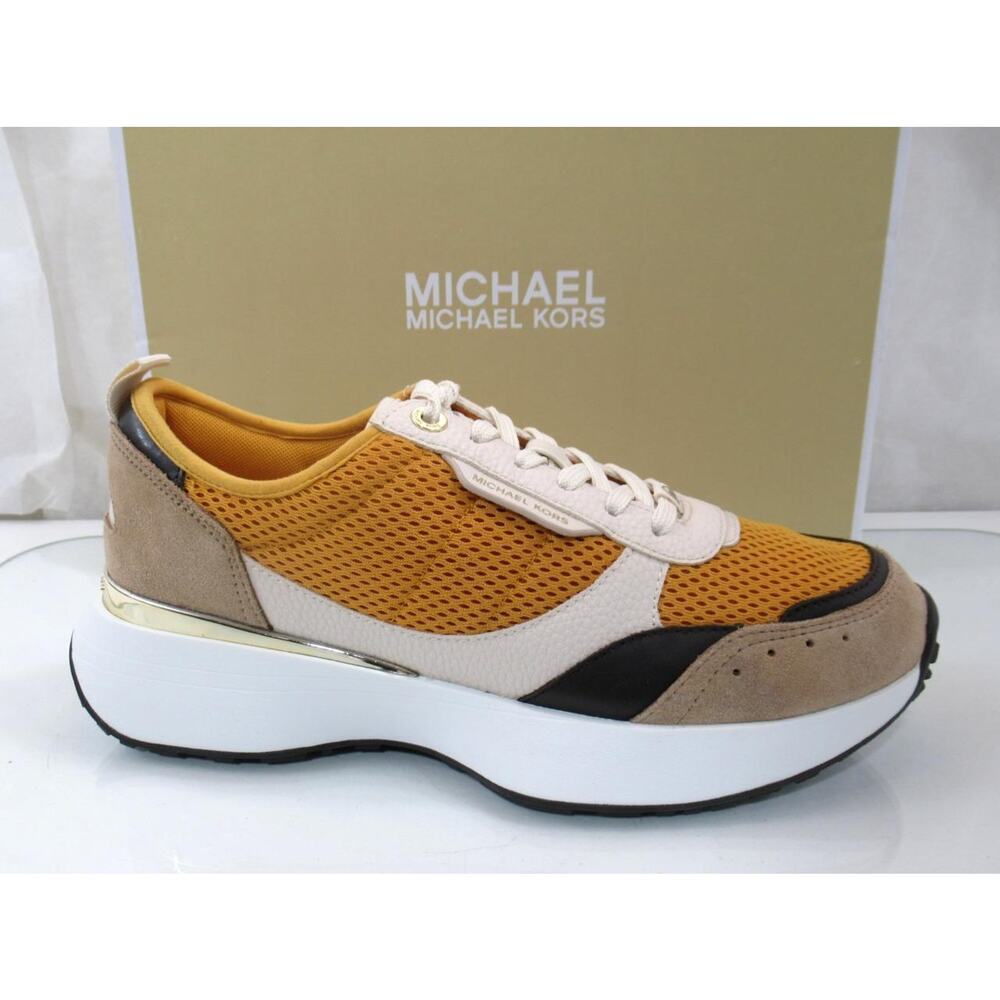 Michael Kors Flynn Trainer Lace Up Sneakers MK Signature Yellow Multi